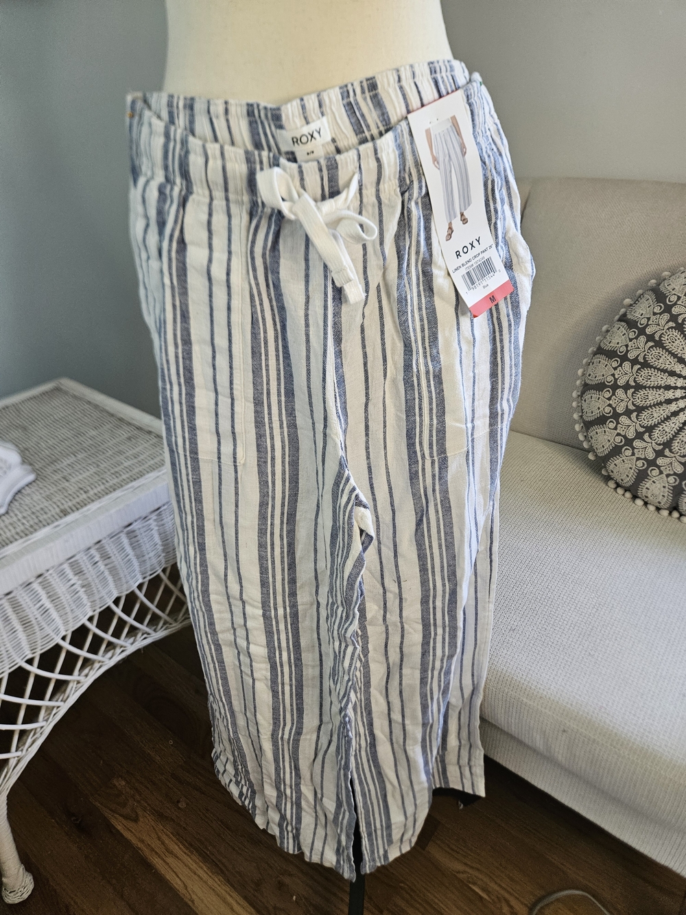 Roxy Women's Blue Stripe Drawstring Linen Blend Pants